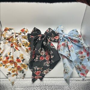 Floral Bow Scarf Trio - White, Black & Light Blue flowery handmade bows